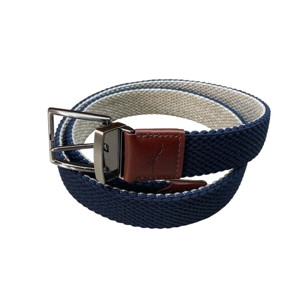 Tommy Bahama Reversible Braided Stretch Belt Navy & Cream Leather Trim Size S-M - Picture 1 of 12